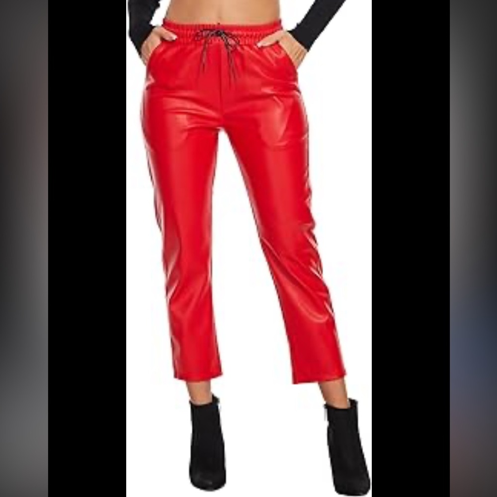 Ginasy Women's Red Faux Leather Straight-Leg Pants